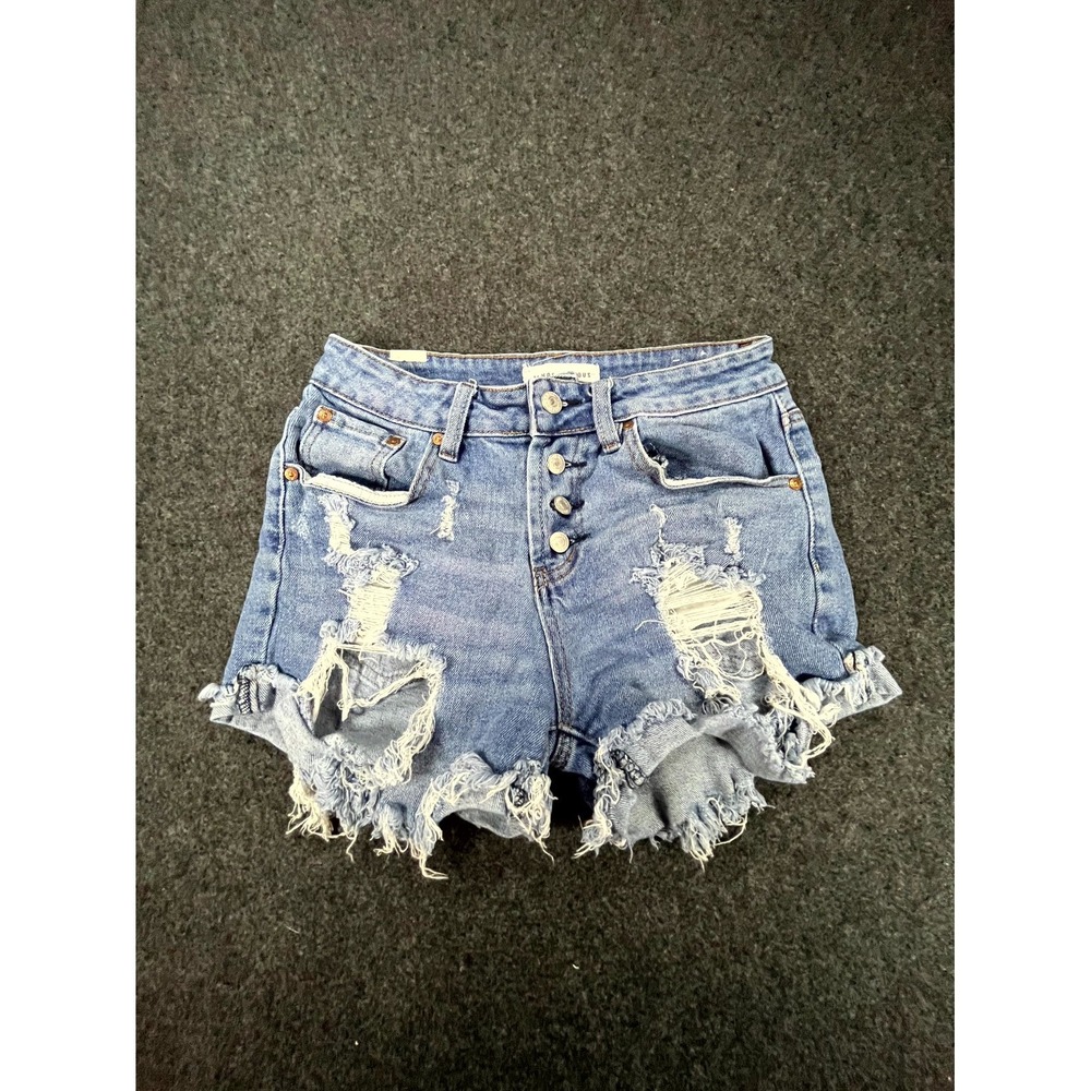 Almost Famous Cutoff Shorts Womens 3 Blue Cotton Distressed Mid Rise Button Fly